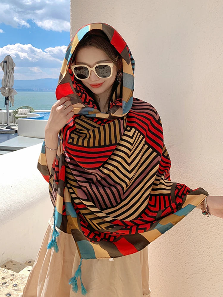 Summer Elegant Women Silk Scarf Beach Wrap Shawl Vintage Striped Print Lady Sunscreen Bandana Long Hijab Mujer Boho Scarve Pareo