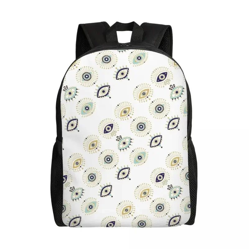 Custom Navy Blue White Mediterranean Evil Eye Mandala Pattern Backpacks Men Casual Bookbag for School College Bohemian Boho Bags