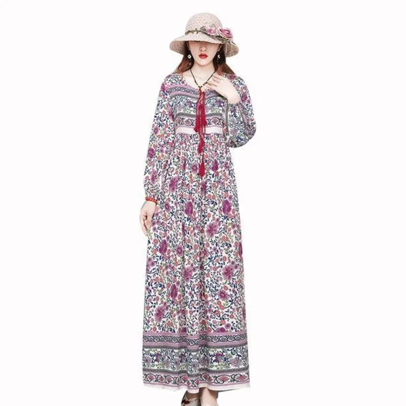 Vintage Women's Beach Skirt Dress Long Sleeve Floral Print Beach Bohemian Straight V-neck Maxi Dress Summer Ladies Dress