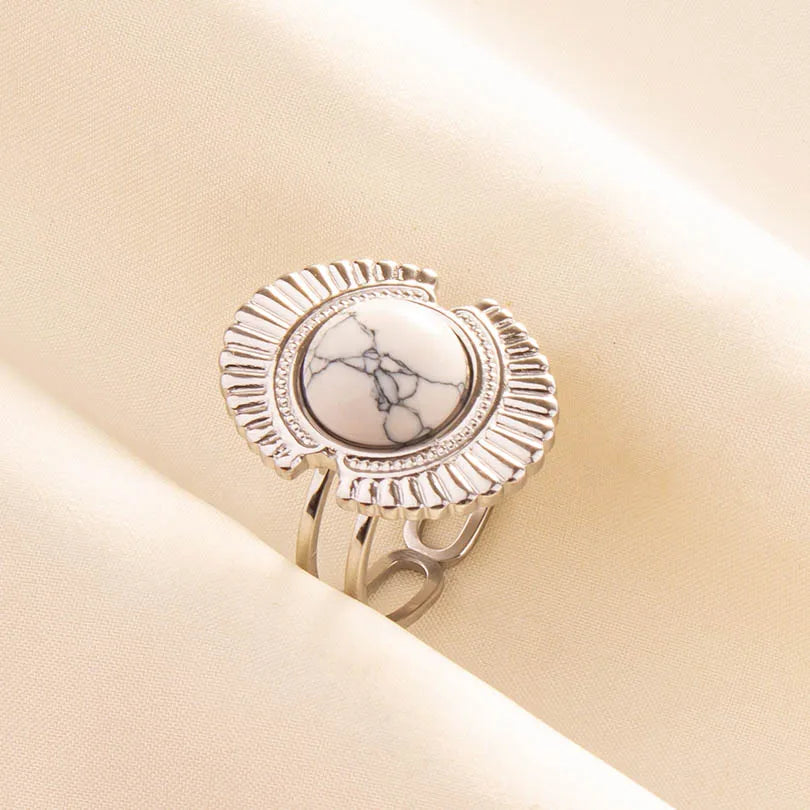 Chic Bohemian White Turquoise Statement Silver Color Ring Stainless Steel Opening Adjustable Boho Ring Jewelry Gifts Never Fade
