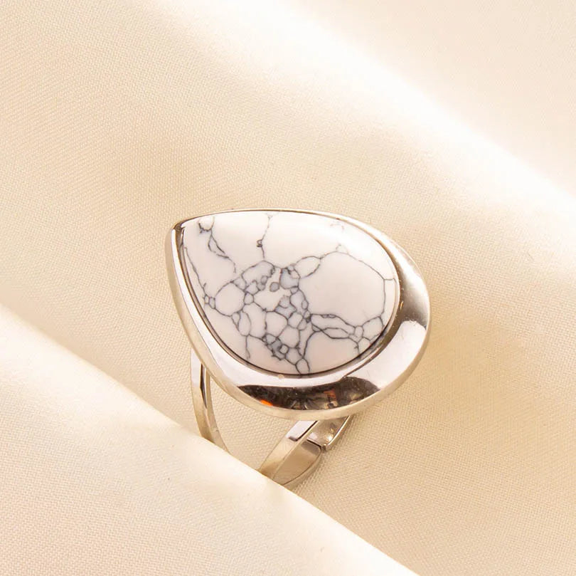 Chic Bohemian White Turquoise Statement Silver Color Ring Stainless Steel Opening Adjustable Boho Ring Jewelry Gifts Never Fade