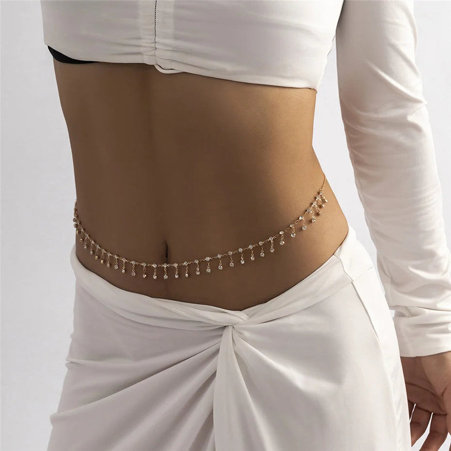 Sexy Tassel Waist Chain Belt Zircon Rhinestone Belly Body Chain Fashion Trend Jewelry For Women Festival Rave Party Accessories