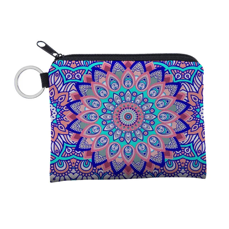 Bohemian Style Small Coin Purse Mini Wallet Coin Bag Datura flower pattern Print Waterproof with Zipper Keys Wallets for Women