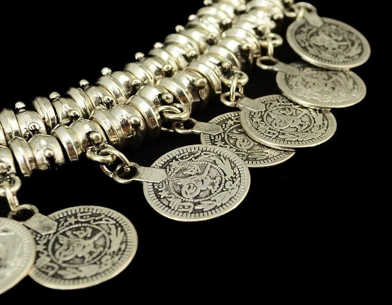 Boho Ethnic Turkish Gypsy Tribal Indian Beach Choker Bib Coin Tassel Collares Necklace For Women Vintage Silvery Afghan Jewelry