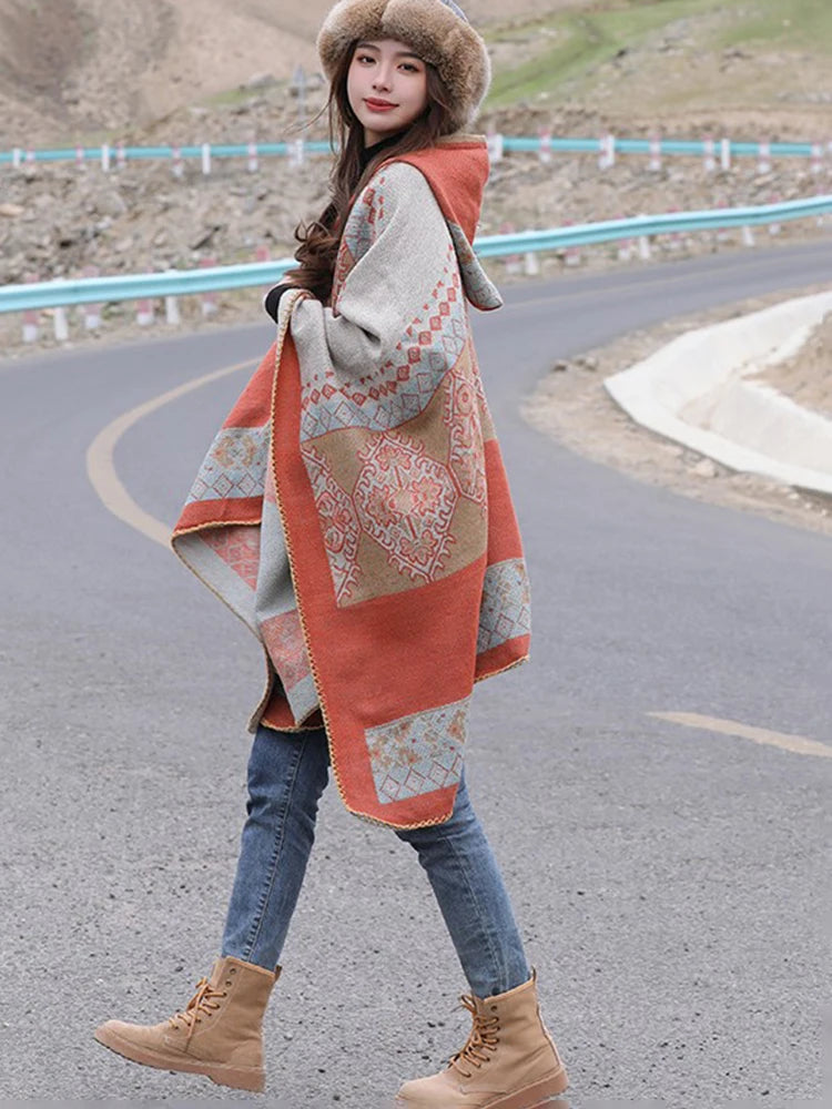 Jastie Retro Ethnic Large Shawl Ladies Fashion New Travel Knitted Hooded Poncho Women Boho Autumn Winter Warm Printed Cape Coats