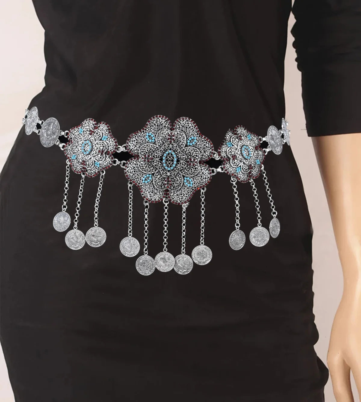 Hollow Out Flower Coins Chain Pendant Belt for Women Rhinestone Waist Chains Jewelry India Gypsy Dance Dress Accessories Gift