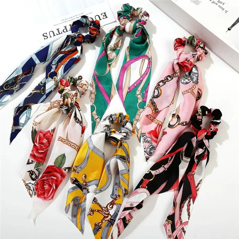 Bohemian Fashion Flower Printed Satin Elastic Long Ribbon Hair Bands Ponytail Scarf Hair Tie Women Scrunchies Hair Accessories