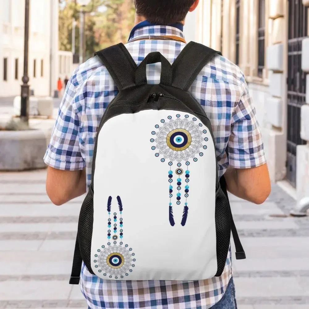 Custom Navy Blue White Mediterranean Evil Eye Mandala Pattern Backpacks Men Casual Bookbag for School College Bohemian Boho Bags