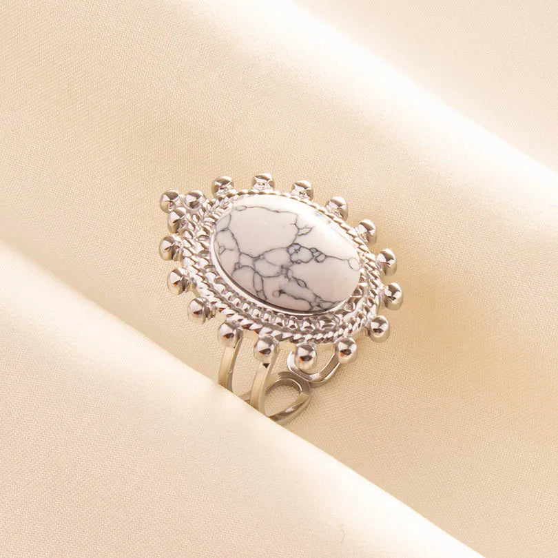 Chic Bohemian White Turquoise Statement Silver Color Ring Stainless Steel Opening Adjustable Boho Ring Jewelry Gifts Never Fade