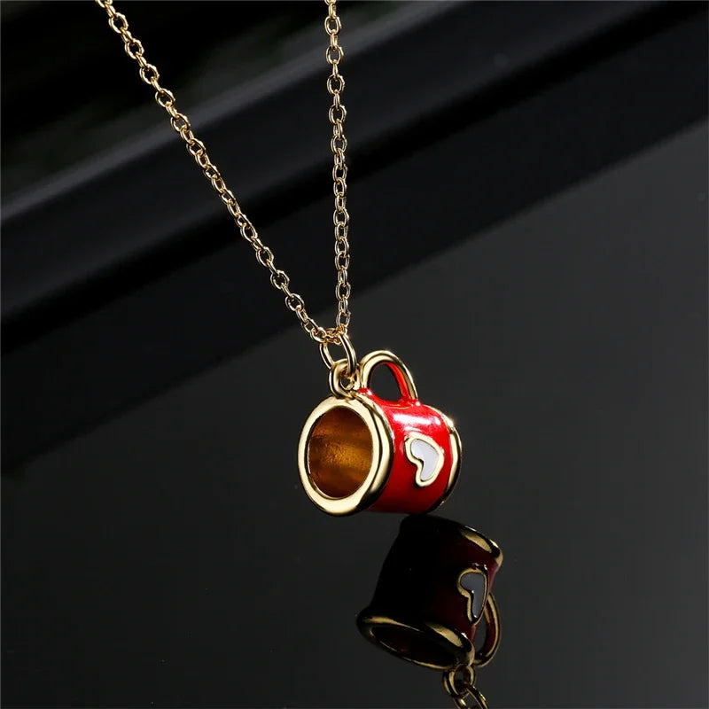 Boho Hand Made Tea Cup Necklace Pendant Woman Collier Long Gold Color Sweater Chain Clothing Enamel Collane Jewelry New
