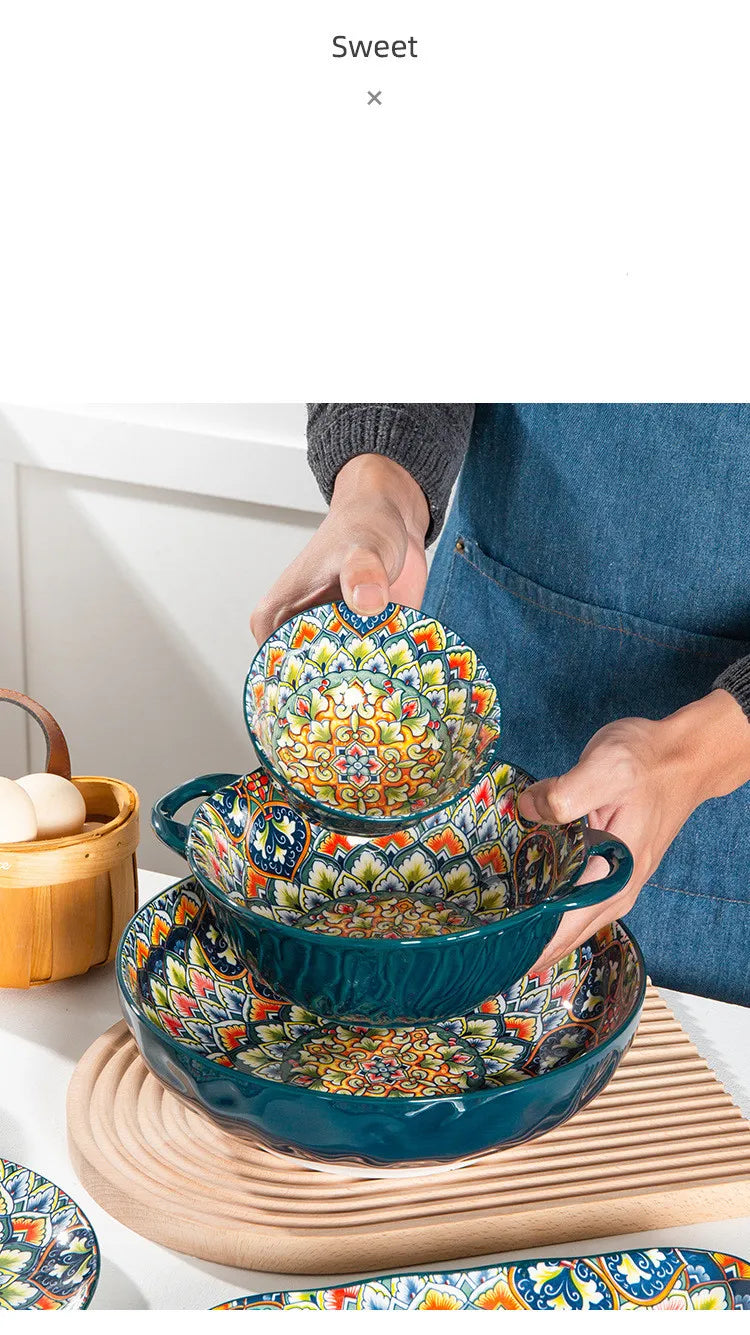 Retro Ceramic Dinner Plates Set Bohemia Style Food Plate Household Tableware Set Breakfast Plates Salad Soup Bowls Dinnerware