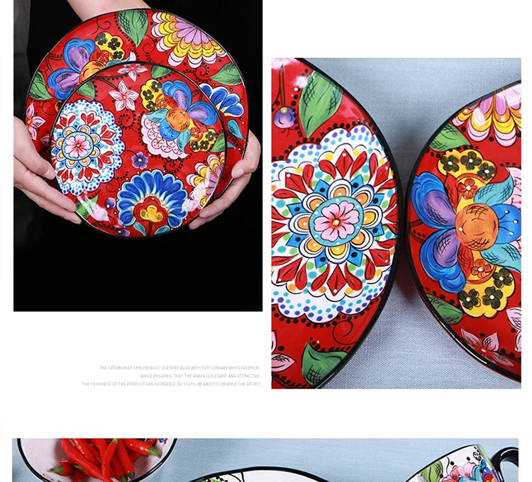 Creative Boho Ceramic Plate European Classical Painted Steak Pasta Dinner Plates Restaurant Hotel Serving Tray Home Tableware