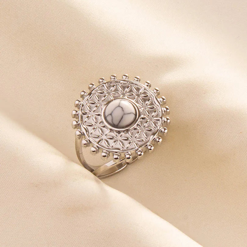 Chic Bohemian White Turquoise Statement Silver Color Ring Stainless Steel Opening Adjustable Boho Ring Jewelry Gifts Never Fade