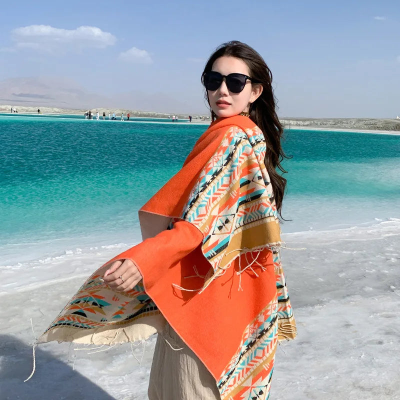 WeHello - Bohemian shawl tie dyed stripe overlay, imitation cashmere cape ethnic style warmth overlay with scarf