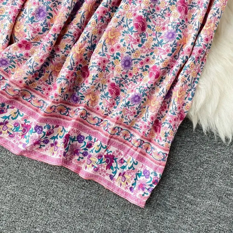 Vintage Women's Beach Skirt Dress Long Sleeve Floral Print Beach Bohemian Straight V-neck Maxi Dress Summer Ladies Dress