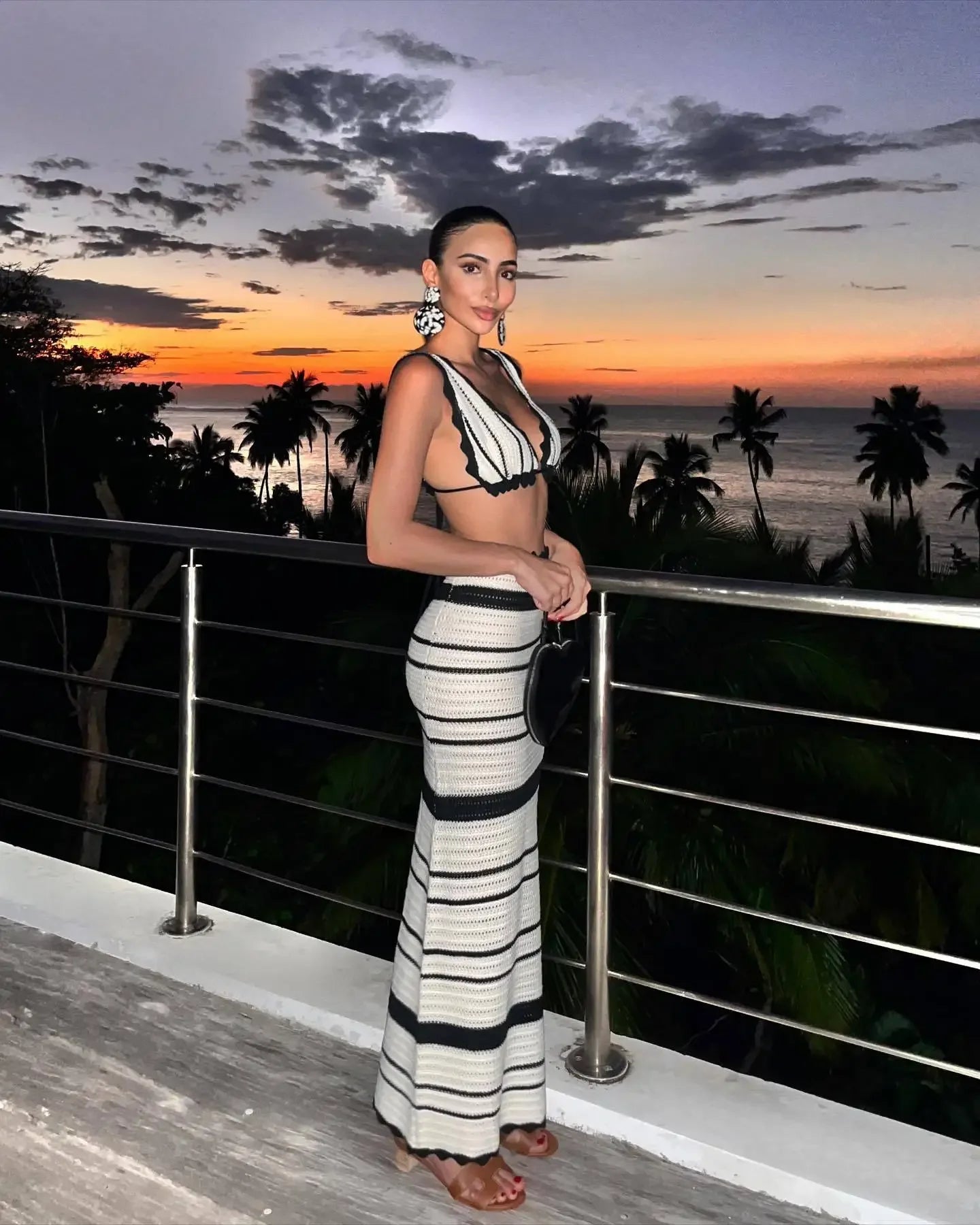 Trendix Stripe Knit Skirt And Bra Sets Women Sexy Backless Sleeveless Bikini Top Boho Party Elegant Knitwear Long Evening Dress