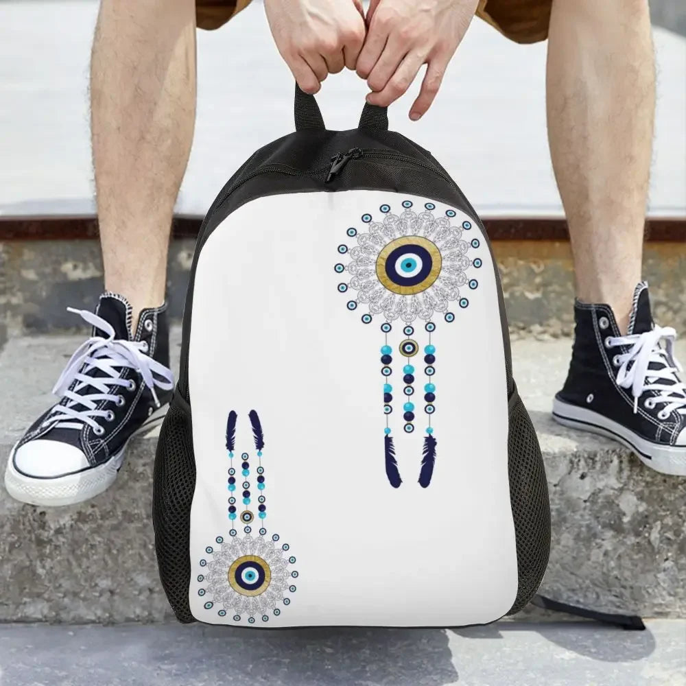 Custom Navy Blue White Mediterranean Evil Eye Mandala Pattern Backpacks Men Casual Bookbag for School College Bohemian Boho Bags