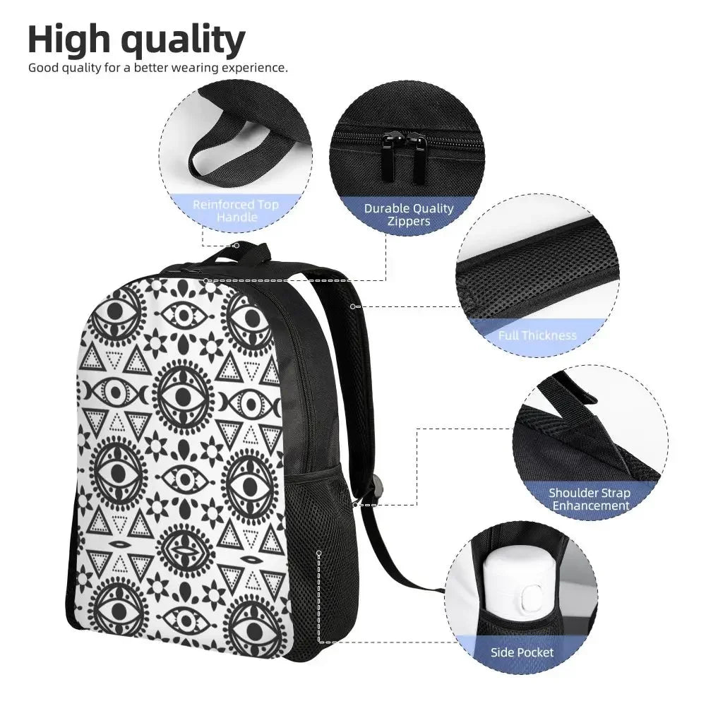Custom Navy Blue White Mediterranean Evil Eye Mandala Pattern Backpacks Men Casual Bookbag for School College Bohemian Boho Bags