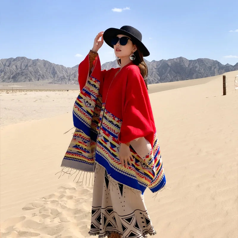 WeHello - Bohemian shawl tie dyed stripe overlay, imitation cashmere cape ethnic style warmth overlay with scarf