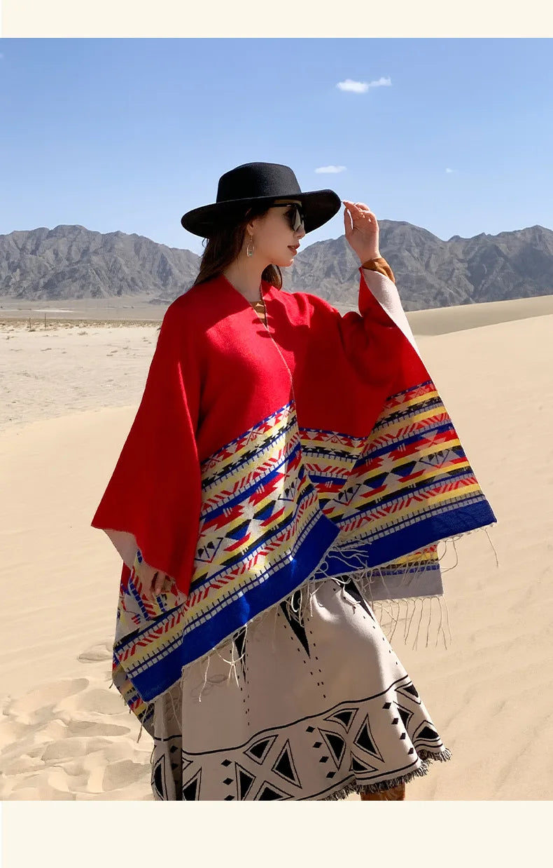 WeHello - Bohemian shawl tie dyed stripe overlay, imitation cashmere cape ethnic style warmth overlay with scarf