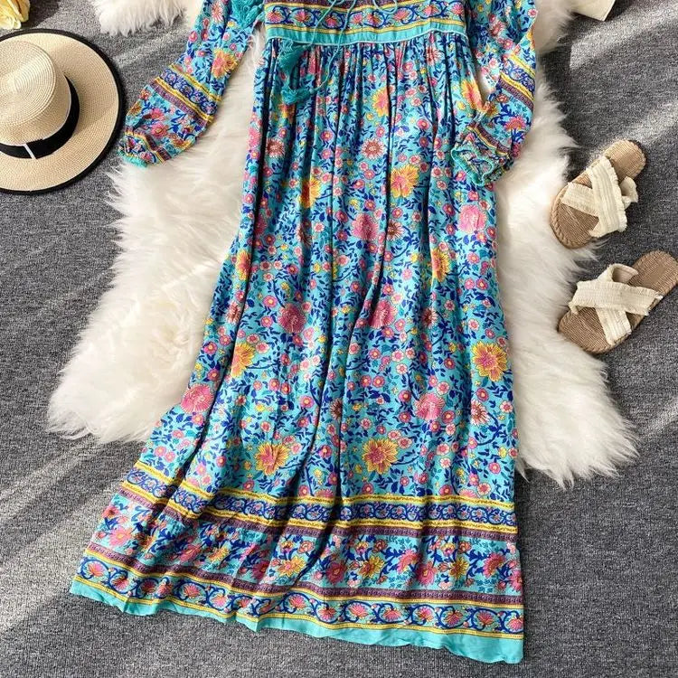 Vintage Women's Beach Skirt Dress Long Sleeve Floral Print Beach Bohemian Straight V-neck Maxi Dress Summer Ladies Dress