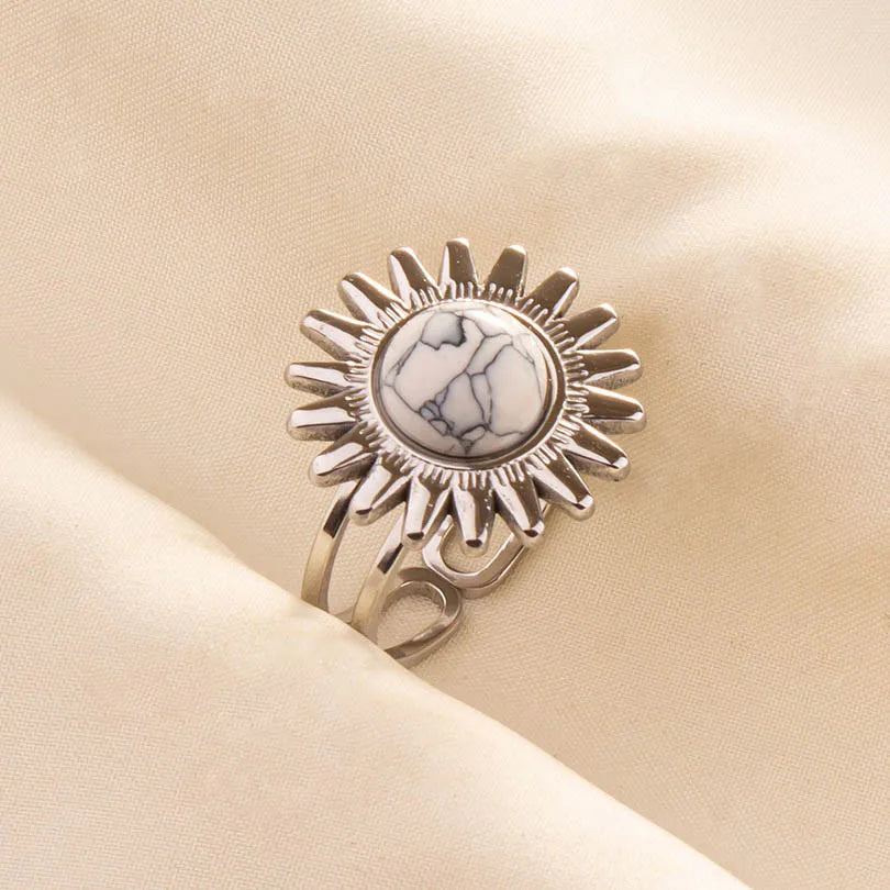 Chic Bohemian White Turquoise Statement Silver Color Ring Stainless Steel Opening Adjustable Boho Ring Jewelry Gifts Never Fade