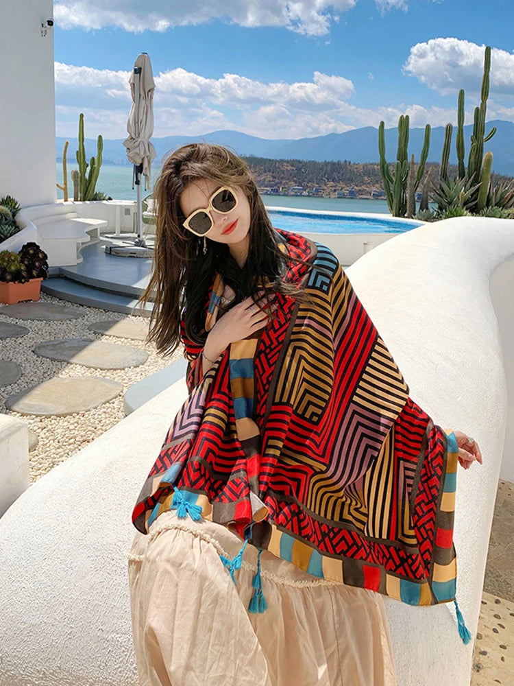 Summer Elegant Women Silk Scarf Beach Wrap Shawl Vintage Striped Print Lady Sunscreen Bandana Long Hijab Mujer Boho Scarve Pareo