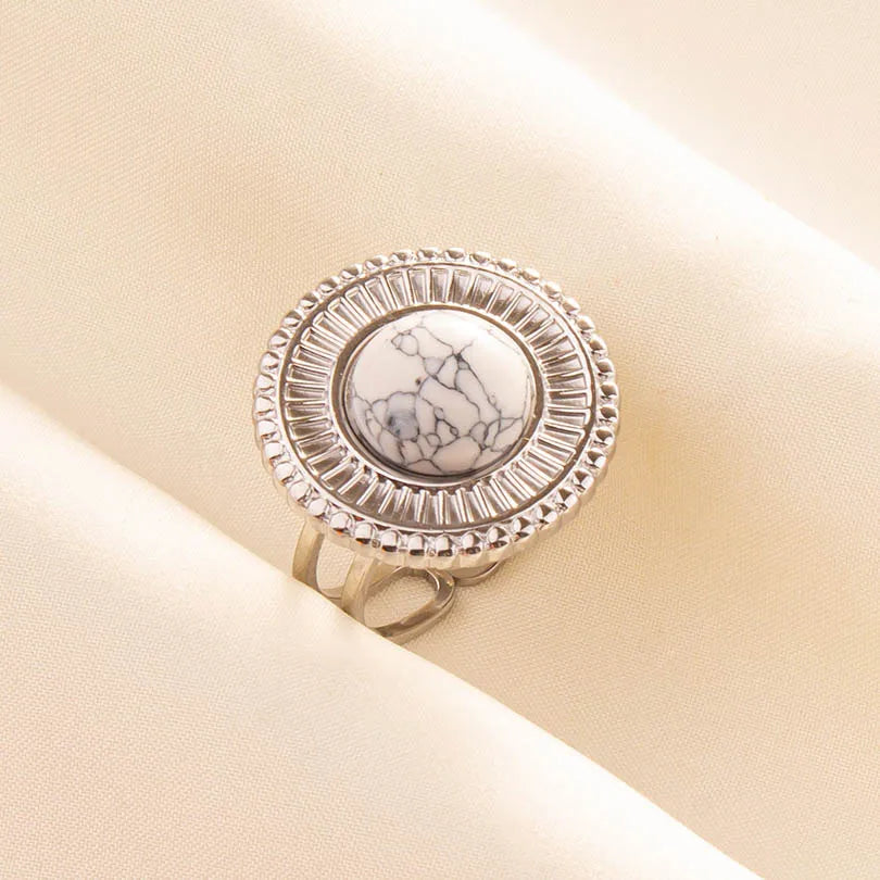 Chic Bohemian White Turquoise Statement Silver Color Ring Stainless Steel Opening Adjustable Boho Ring Jewelry Gifts Never Fade