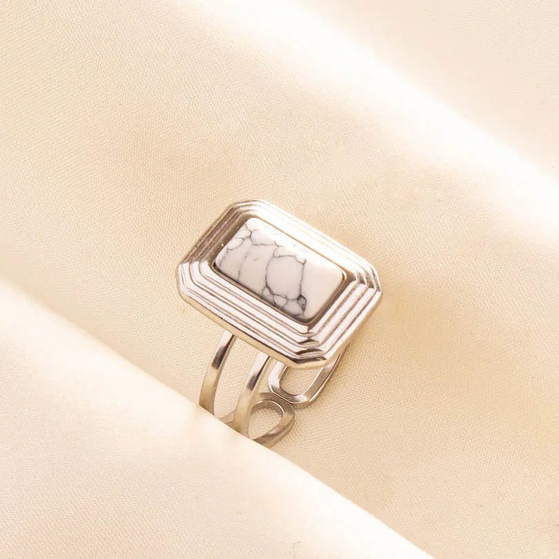 Chic Bohemian White Turquoise Statement Silver Color Ring Stainless Steel Opening Adjustable Boho Ring Jewelry Gifts Never Fade