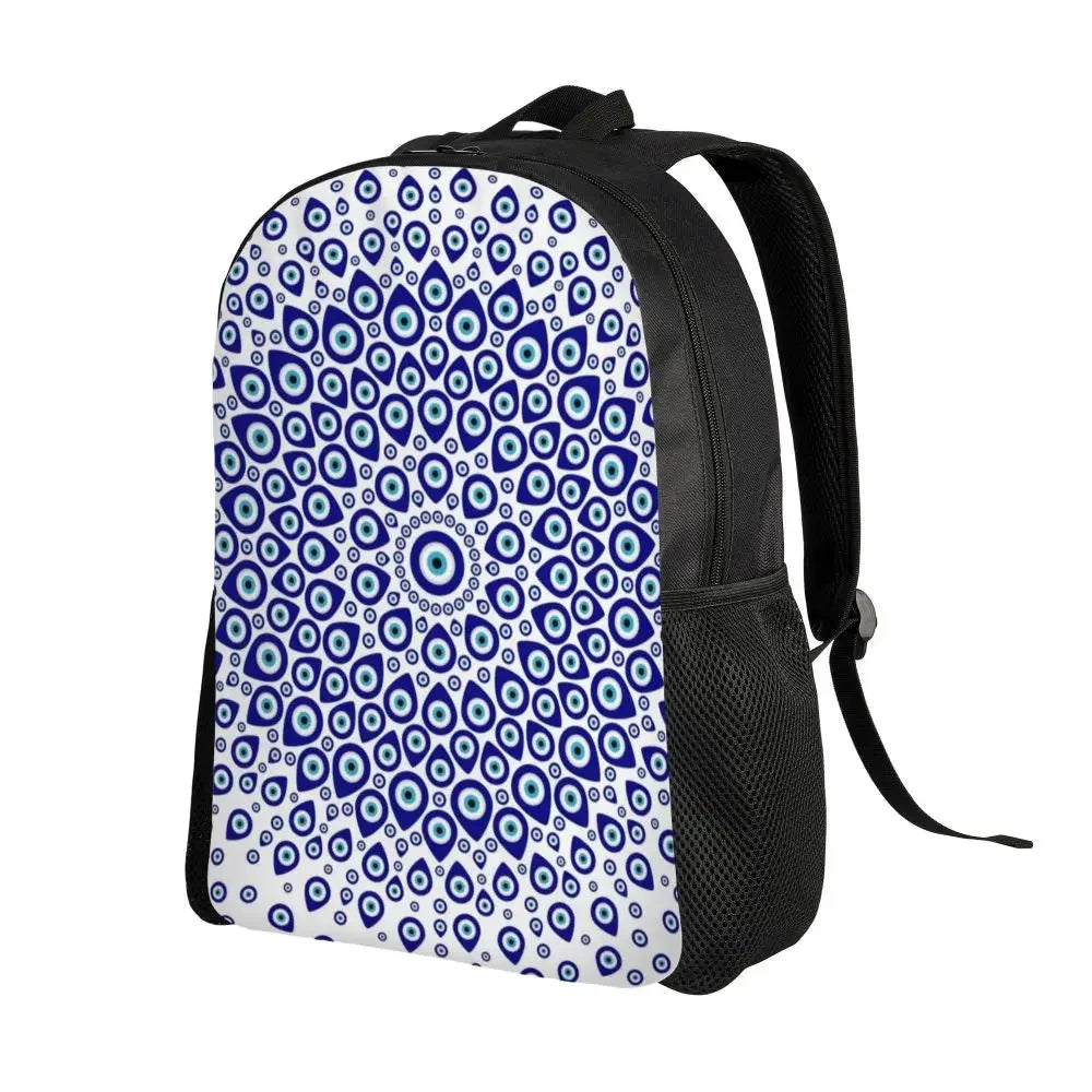 Custom Navy Blue White Mediterranean Evil Eye Mandala Pattern Backpacks Men Casual Bookbag for School College Bohemian Boho Bags