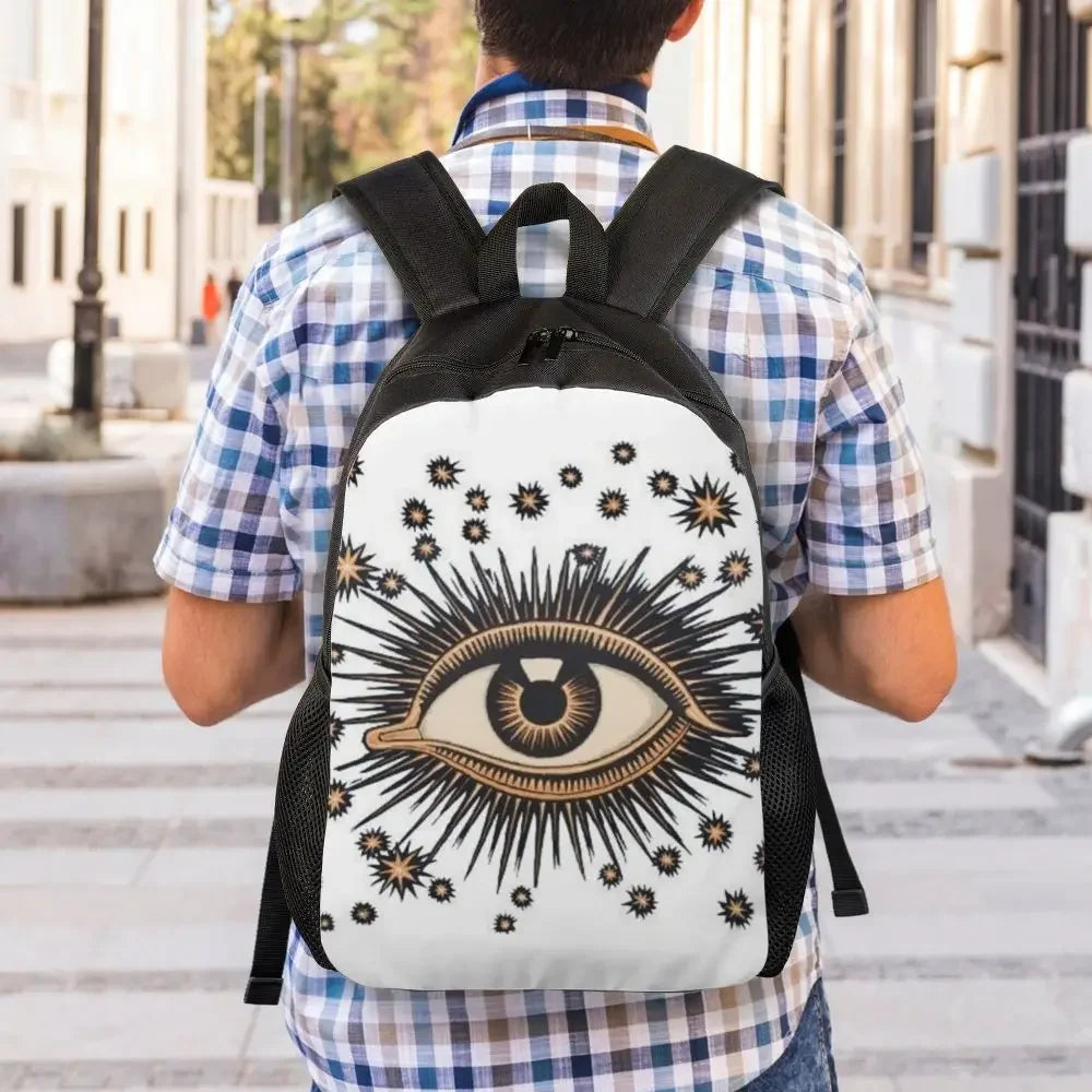 Custom Navy Blue White Mediterranean Evil Eye Mandala Pattern Backpacks Men Casual Bookbag for School College Bohemian Boho Bags