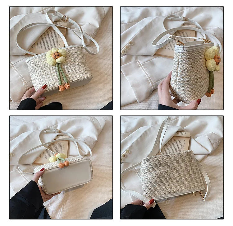 2024 New Woven Bag Women's Summer Versatile Crossbody Beach Resort Bag Mini Bohemian Phone Wallet Bucket Bag
