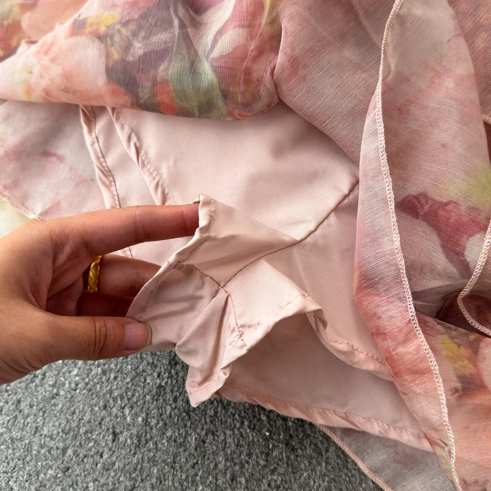 Holiday Ruffles Beach Skirts Suit Women Fashion Off Shoulder Floral Chiffon Tops  High Waist Mini Skirt Womens Two Peice Sets