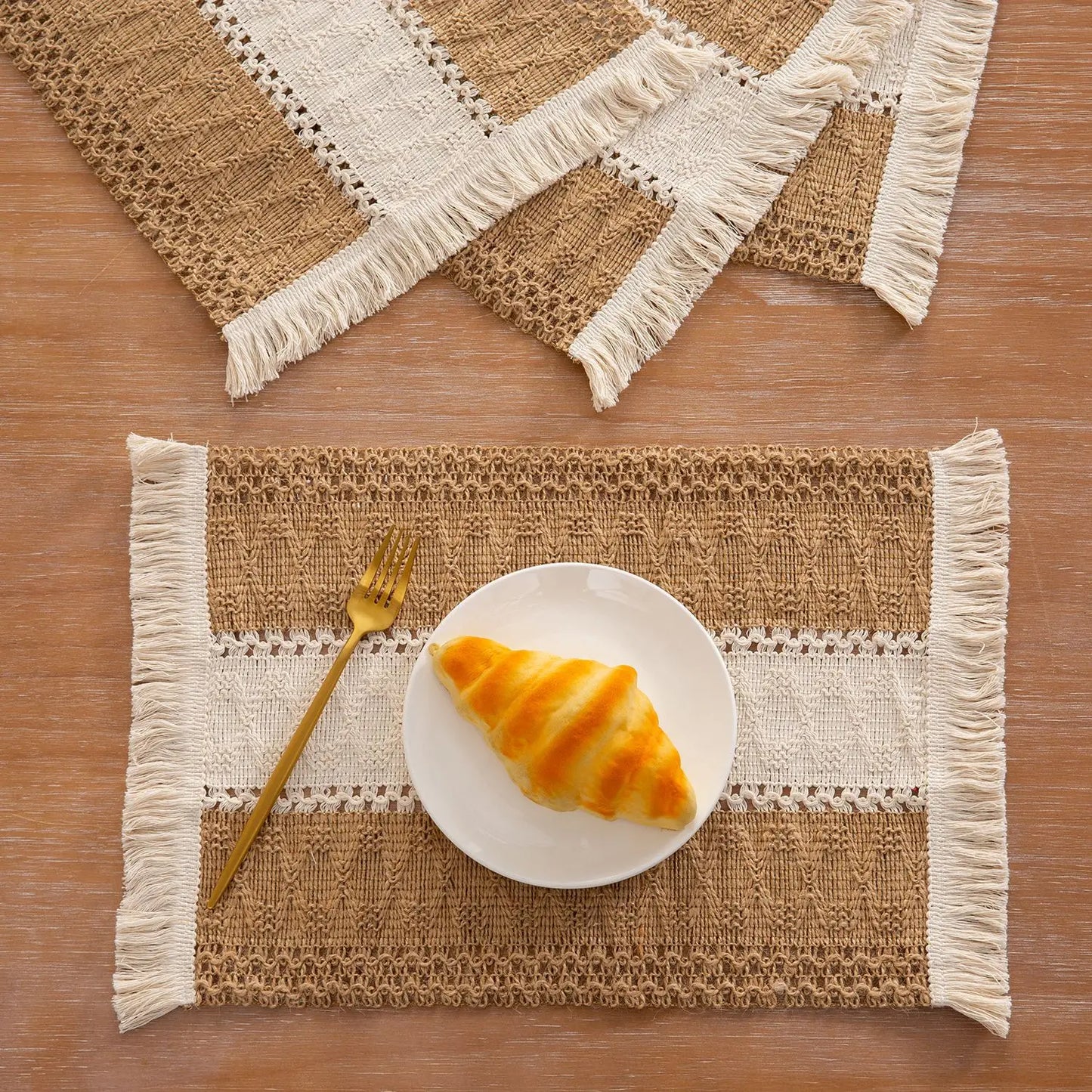 Boho Placemats Set of 6, Macrame Table Decor, Farmhouse Style Placemats, Natural Cotton Burlap, for Dining Table, Kitchen