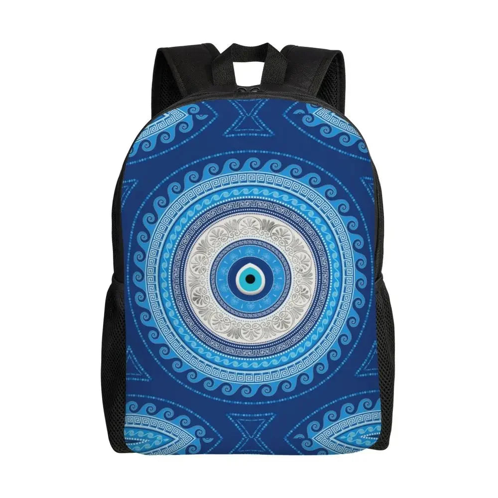 Custom Navy Blue White Mediterranean Evil Eye Mandala Pattern Backpacks Men Casual Bookbag for School College Bohemian Boho Bags