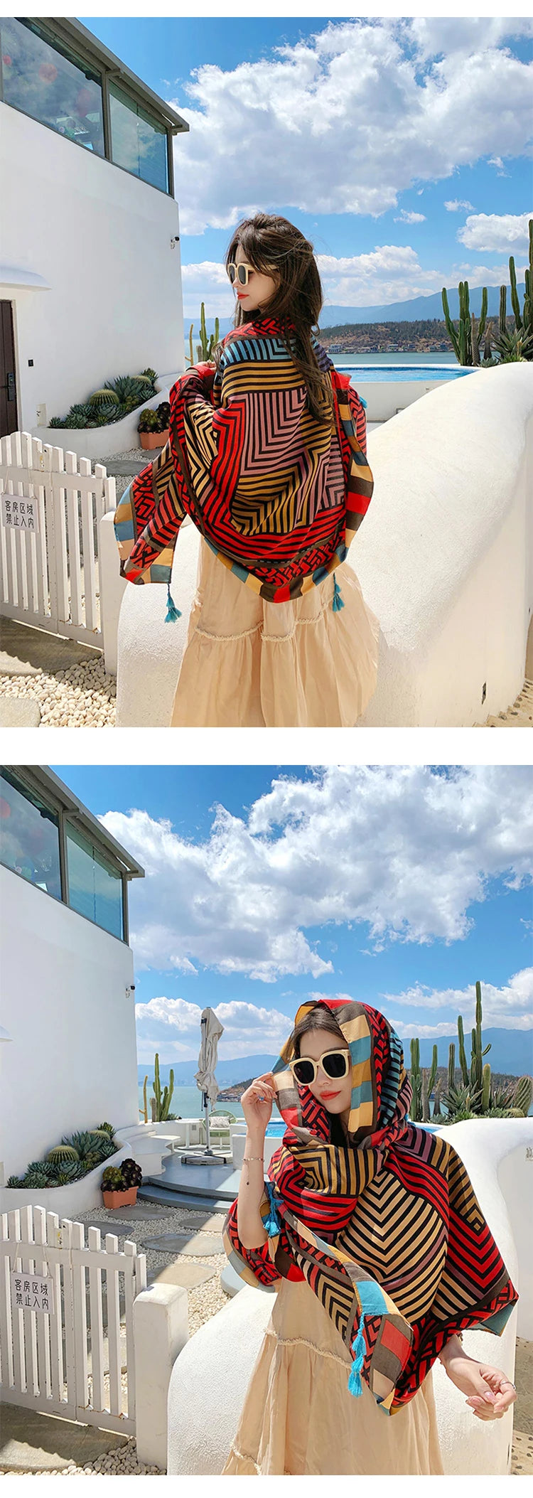 Summer Elegant Women Silk Scarf Beach Wrap Shawl Vintage Striped Print Lady Sunscreen Bandana Long Hijab Mujer Boho Scarve Pareo
