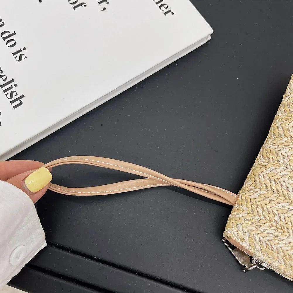 Bohemian Elegant Straw Handbag Beach Handmade Woven Women's Clutch Pure Colour Wallet Mobile Phone Coin Storage Bag