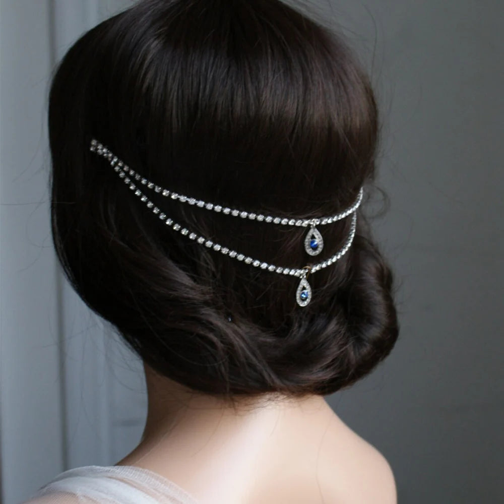 Gorgeous Lady Wedding Hair Comb Chain Water Drop Boho Tiara Accessories Charming Pendant Rhinestone Headdress Jewelry for Bridal