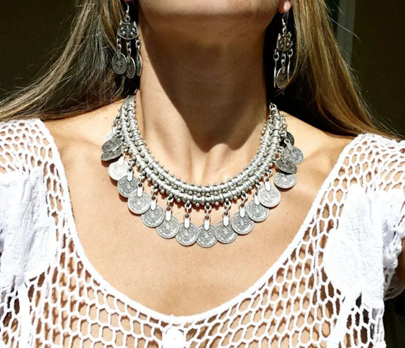 Boho Ethnic Turkish Gypsy Tribal Indian Beach Choker Bib Coin Tassel Collares Necklace For Women Vintage Silvery Afghan Jewelry