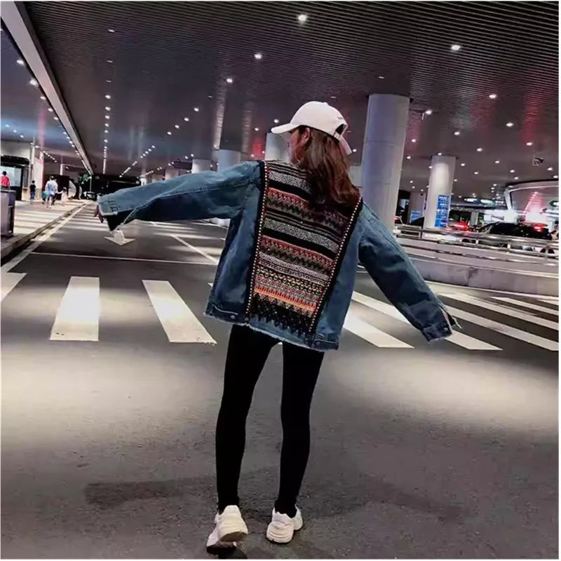 2024 Spring Women's Jacket Boho Denim Female Floral Appliques Embroidery Vintage Coat Long Sleeve Outerwear Jackets Coatee