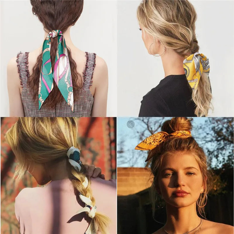 Bohemian Fashion Flower Printed Satin Elastic Long Ribbon Hair Bands Ponytail Scarf Hair Tie Women Scrunchies Hair Accessories