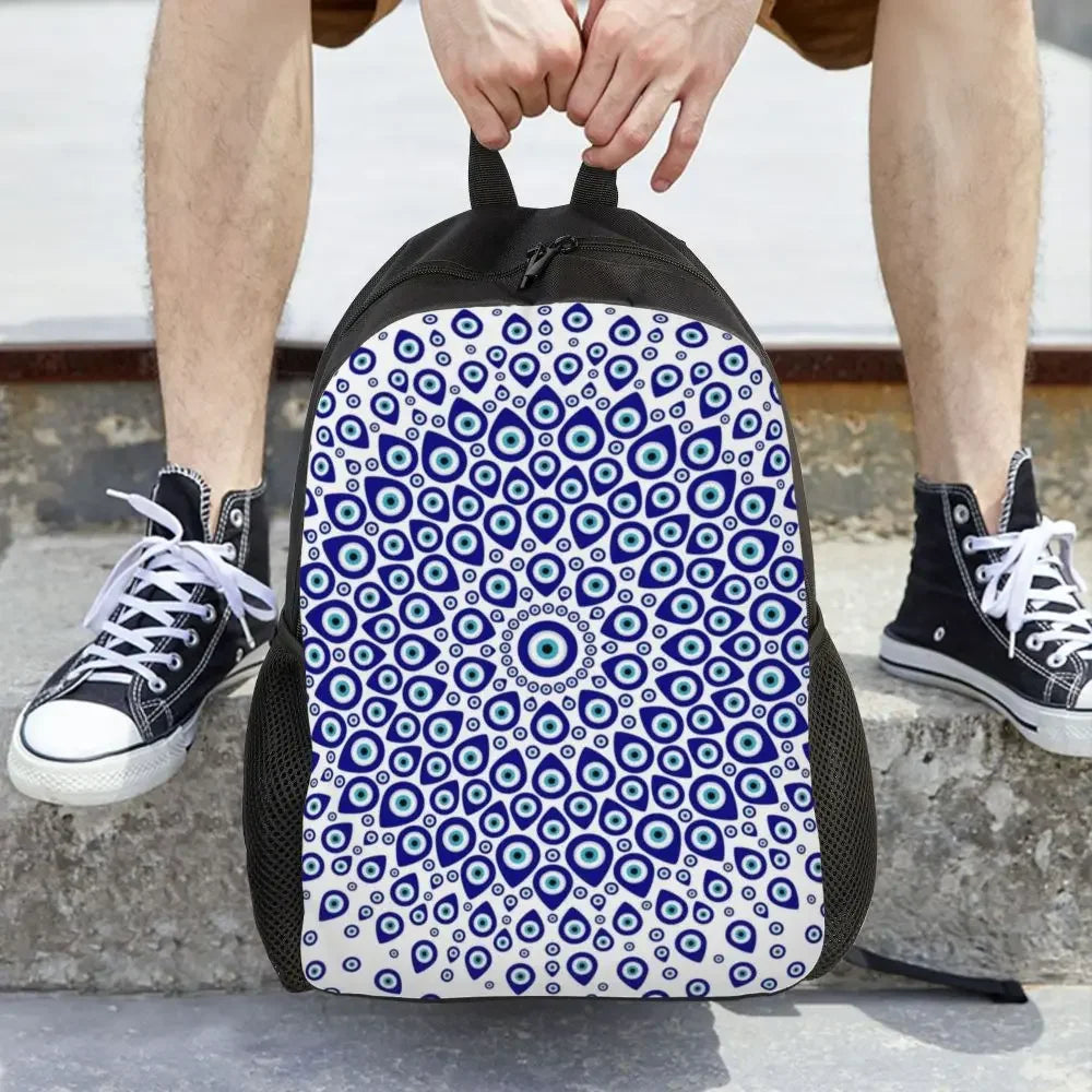 Custom Navy Blue White Mediterranean Evil Eye Mandala Pattern Backpacks Men Casual Bookbag for School College Bohemian Boho Bags