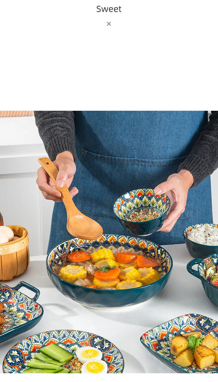 Retro Ceramic Dinner Plates Set Bohemia Style Food Plate Household Tableware Set Breakfast Plates Salad Soup Bowls Dinnerware