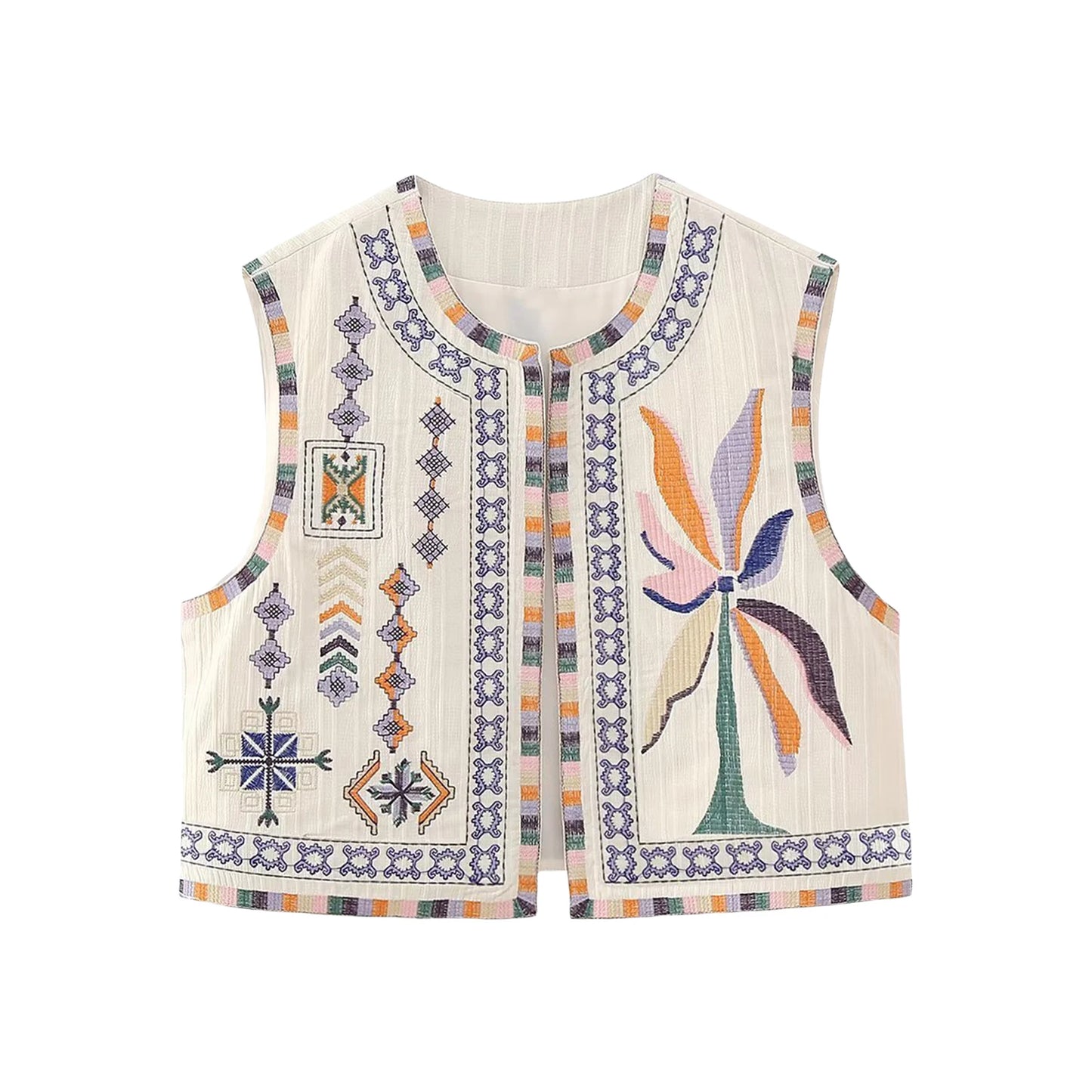 Combhasaki Women's Y2K Vintage Aesthetic Embroidery Vest Sleeveless Cardigan Round Neck Open Front Cropped Jackets Boho Outwear