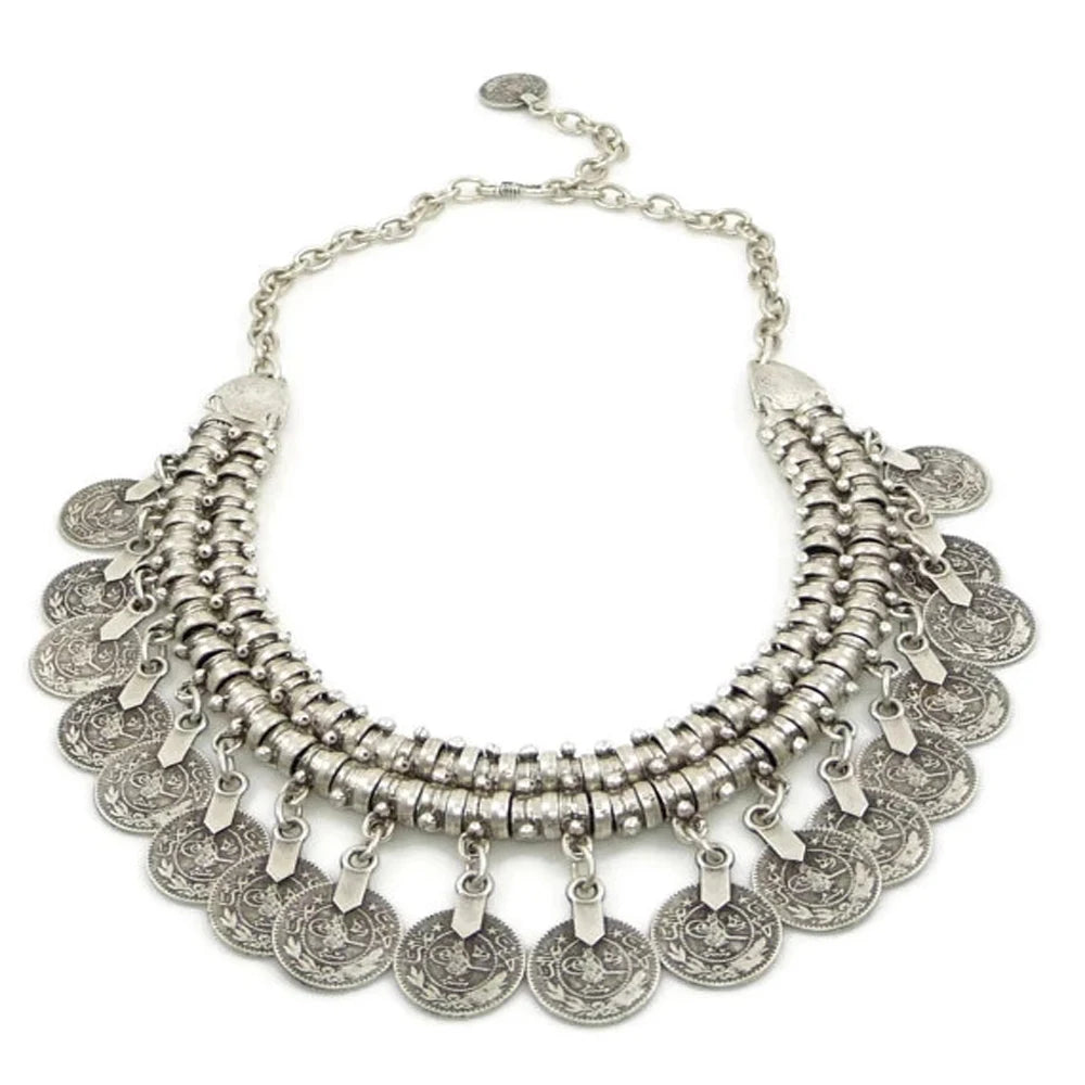 Boho Ethnic Turkish Gypsy Tribal Indian Beach Choker Bib Coin Tassel Collares Necklace For Women Vintage Silvery Afghan Jewelry