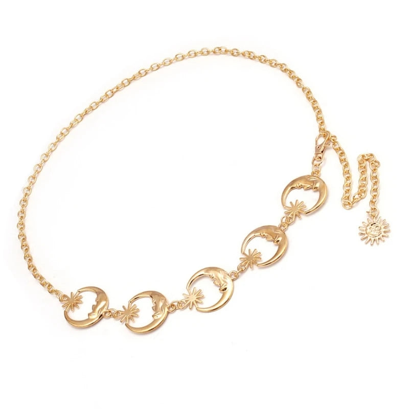Gold Tone Body Chain Sun/Moon Waist Chain for Stylish Ladies Adjustable Length Metal Waistband for Music Festivals