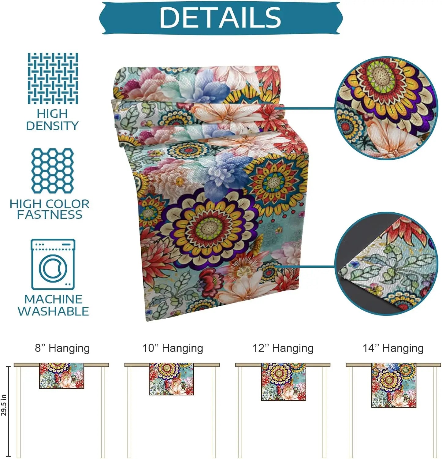 Bohemian Floral Mandala Flower Plant Linen Table Runners Dresser Scarf Table Decor Kitchen Dinner Holiday Party Wedding Decor