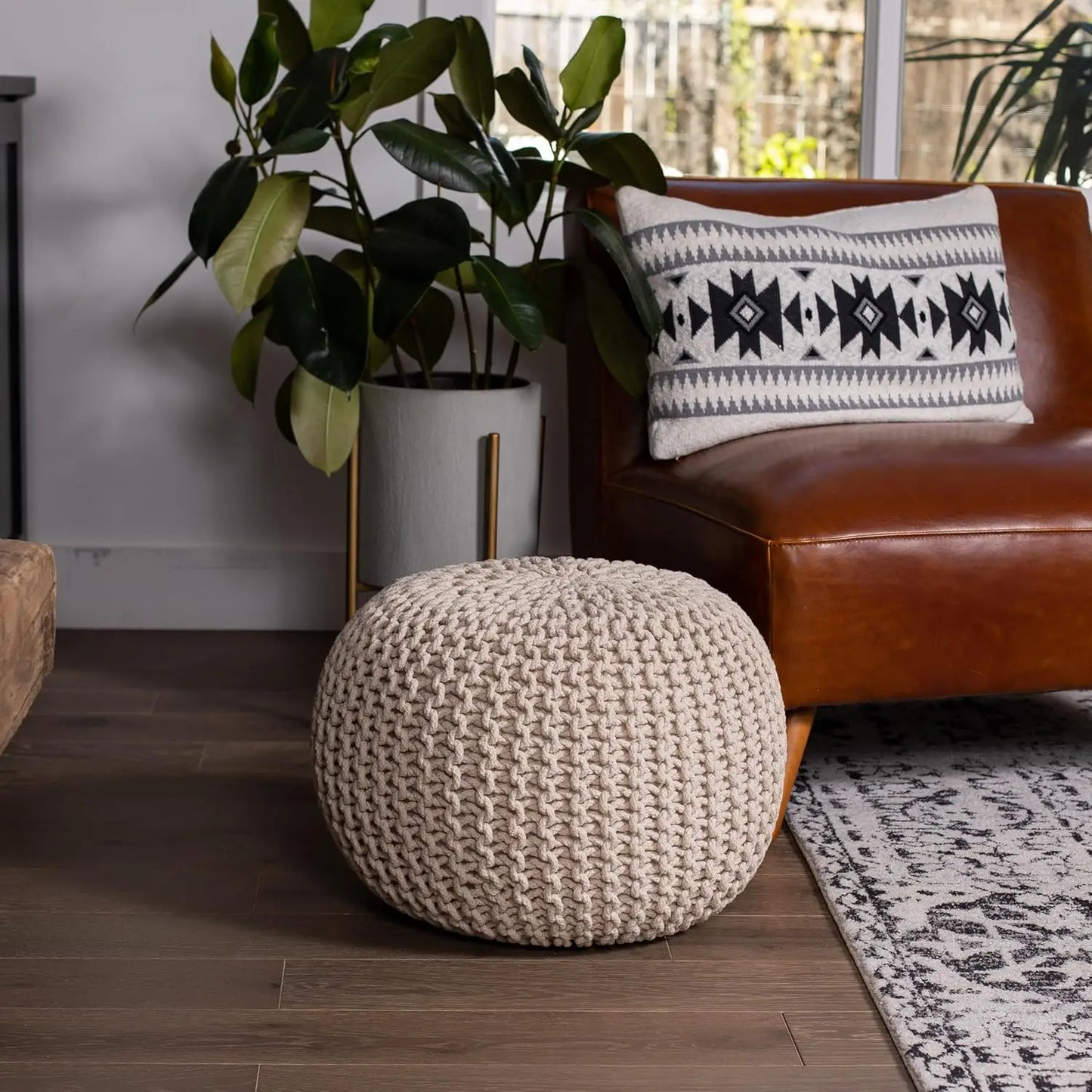 Round Pouf Ottoman | Cotton Braided Foot Stool with Bean Bag Filling | Boho Foot Rest for Living Room,Lightweight & Soft Natural