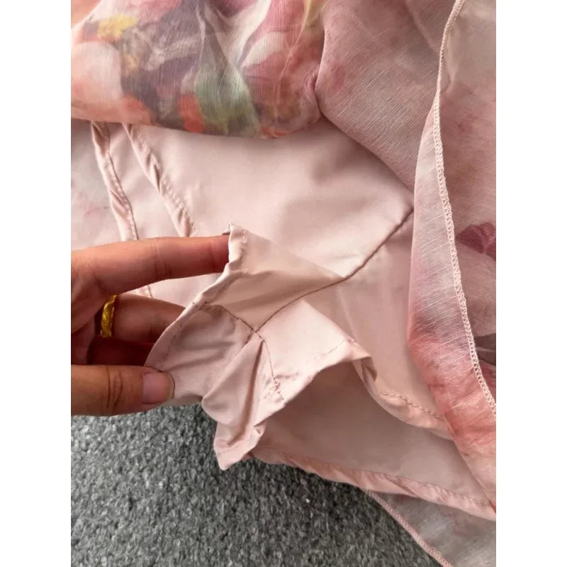 Holiday Ruffles Beach Skirts Suit Women Fashion Off Shoulder Floral Chiffon Tops  High Waist Mini Skirt Womens Two Peice Sets