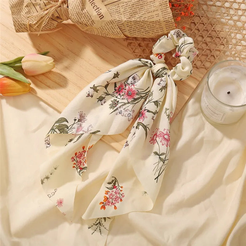 Bohemian Fashion Flower Printed Satin Elastic Long Ribbon Hair Bands Ponytail Scarf Hair Tie Women Scrunchies Hair Accessories